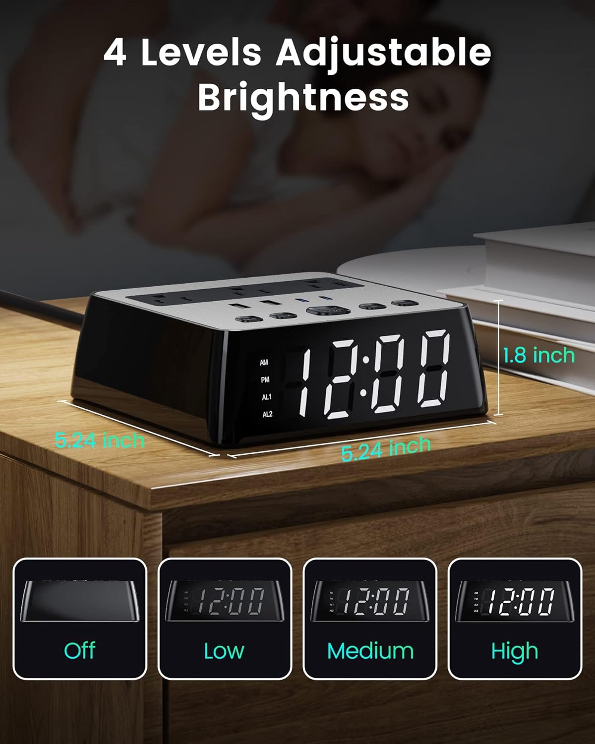 JACKYLED Alarm Clock with 48A USB Ports and Surge Protection