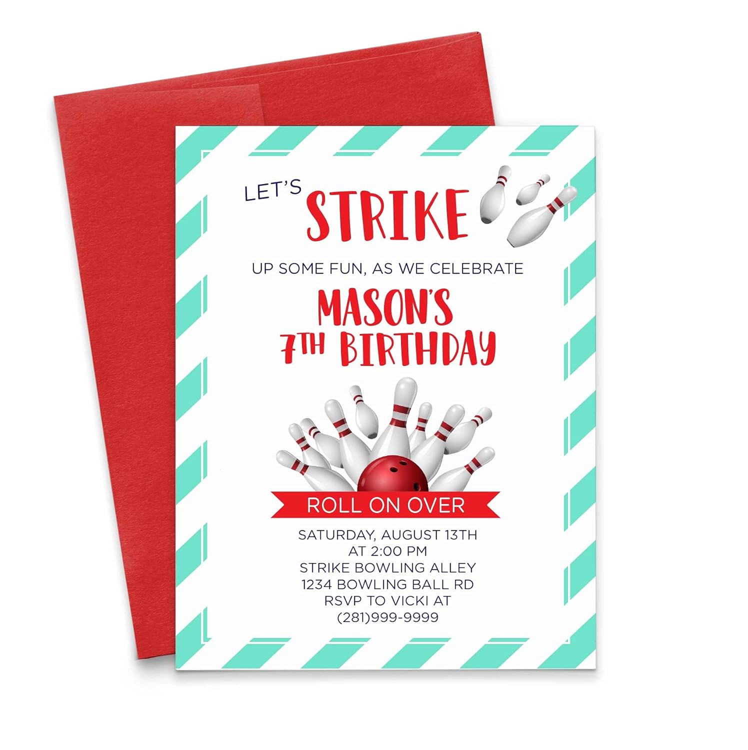 Bowling Birthday Invitations Customizable Envelope Colors