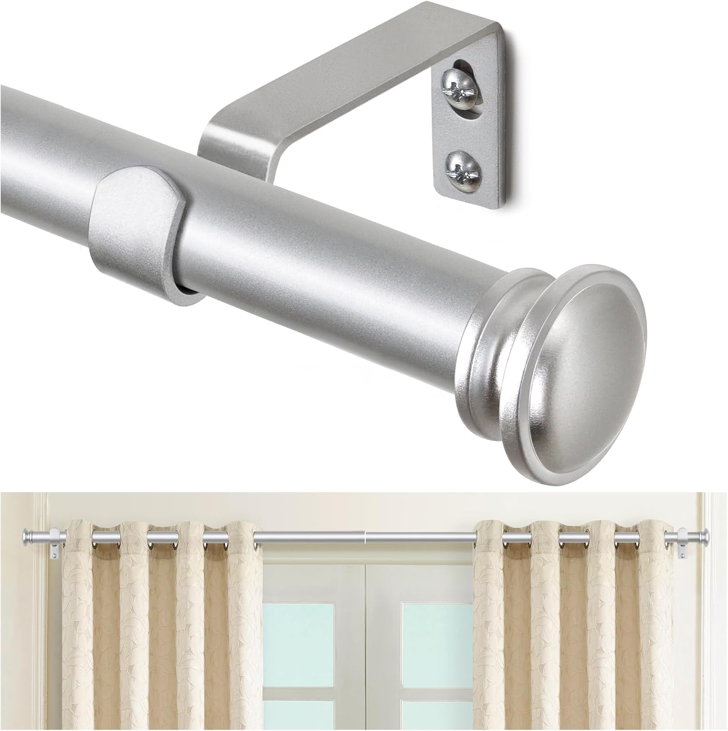 TONIAL Adjustable Single Curtain Rod Silver 32-58 Inch