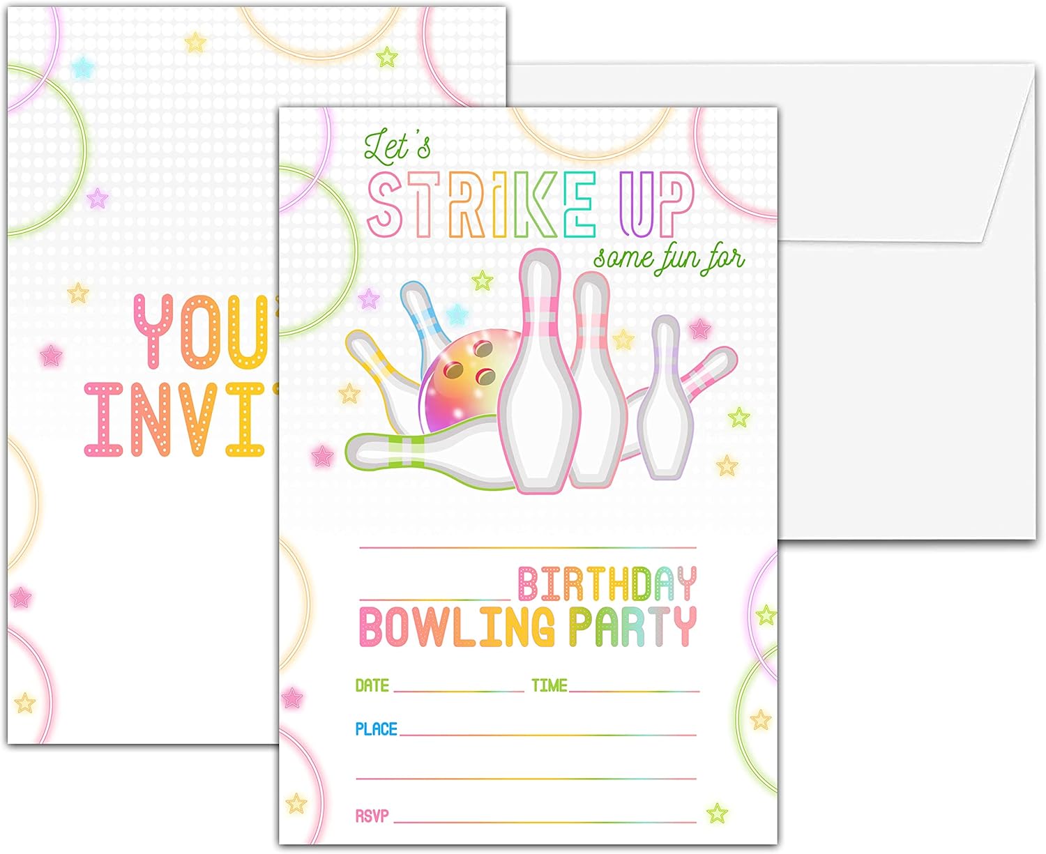 Neon Glow Bowling Birthday Invites 20 Cards with Envelopes