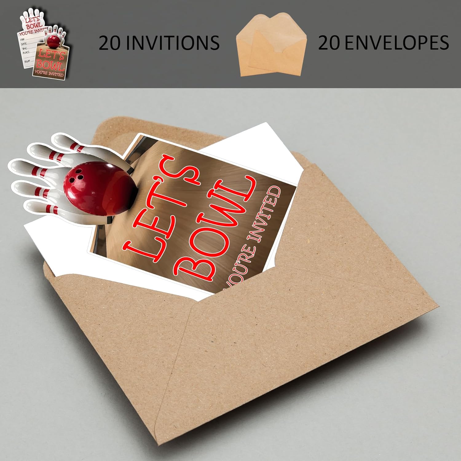 Bowling Party Invitations 20-Pack with Envelopes