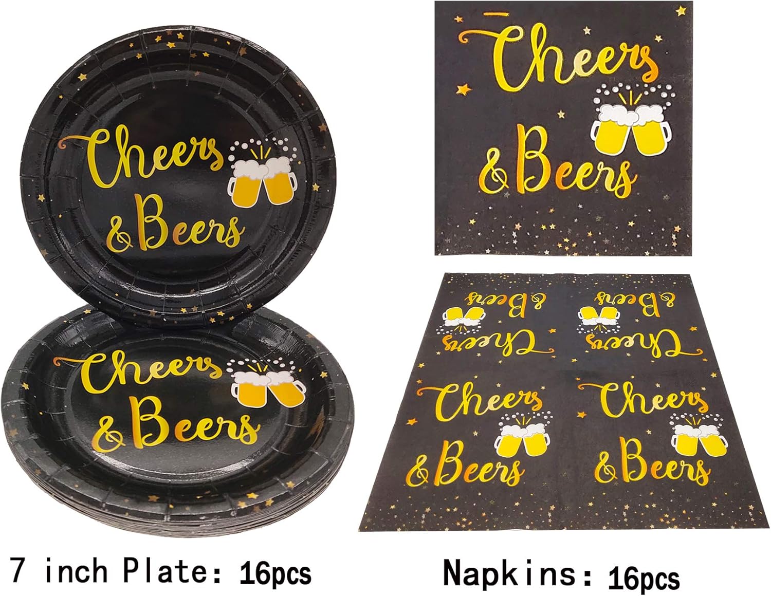 Cheers Beers Birthday Plate Set 16 Pcs Black Gold