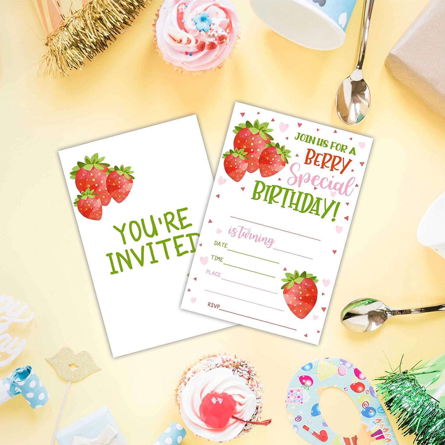 AWSICE Strawberry Birthday Invites 20pc Double-Sided Fill-In Cards