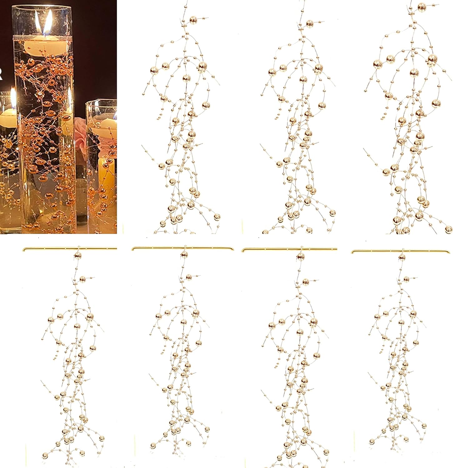 24Pcs Pearl String for Floating Candle Centerpieces Champagne Gold