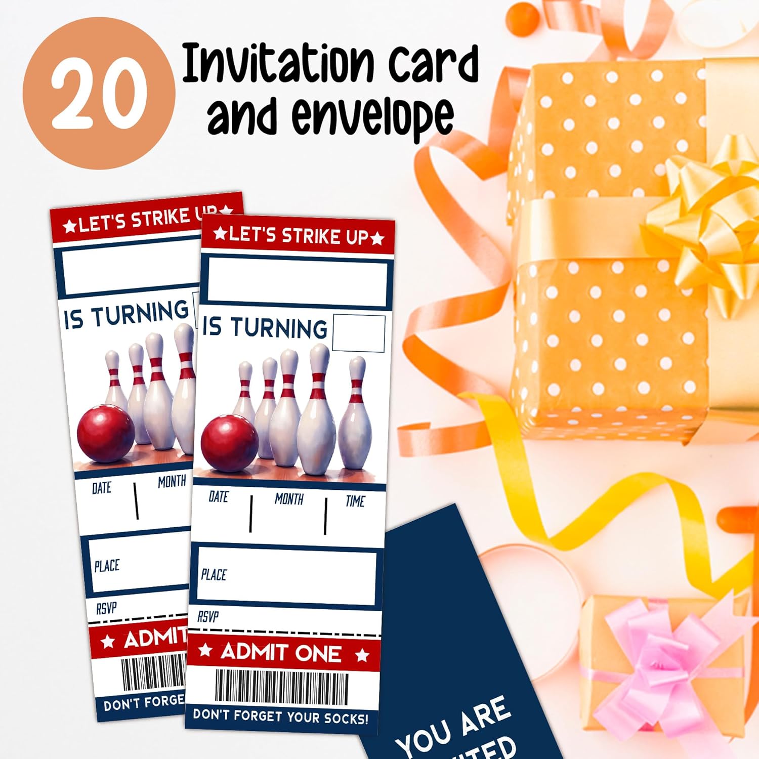 Lets Strike Birthday Invitation Cards with Envelopes Double Sided 3x8 Inches 20pcs