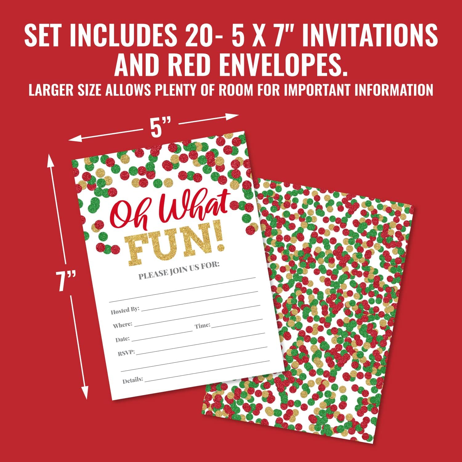 20 Holiday Party Invitations with Red Green and Gold Dots