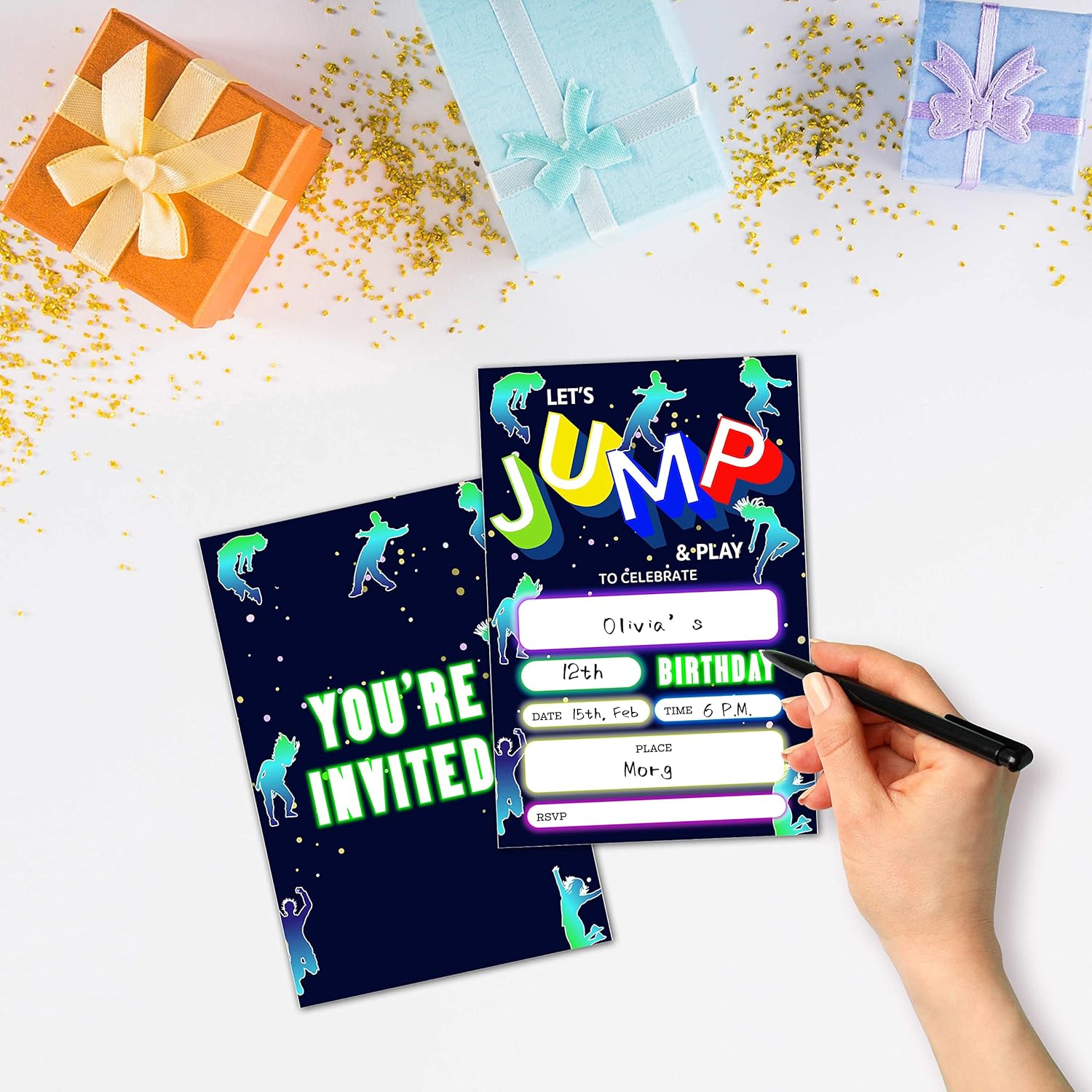 NYCTUG Lets Jump Birthday Invitations Double-Sided Trampoline Party Cards for Kids