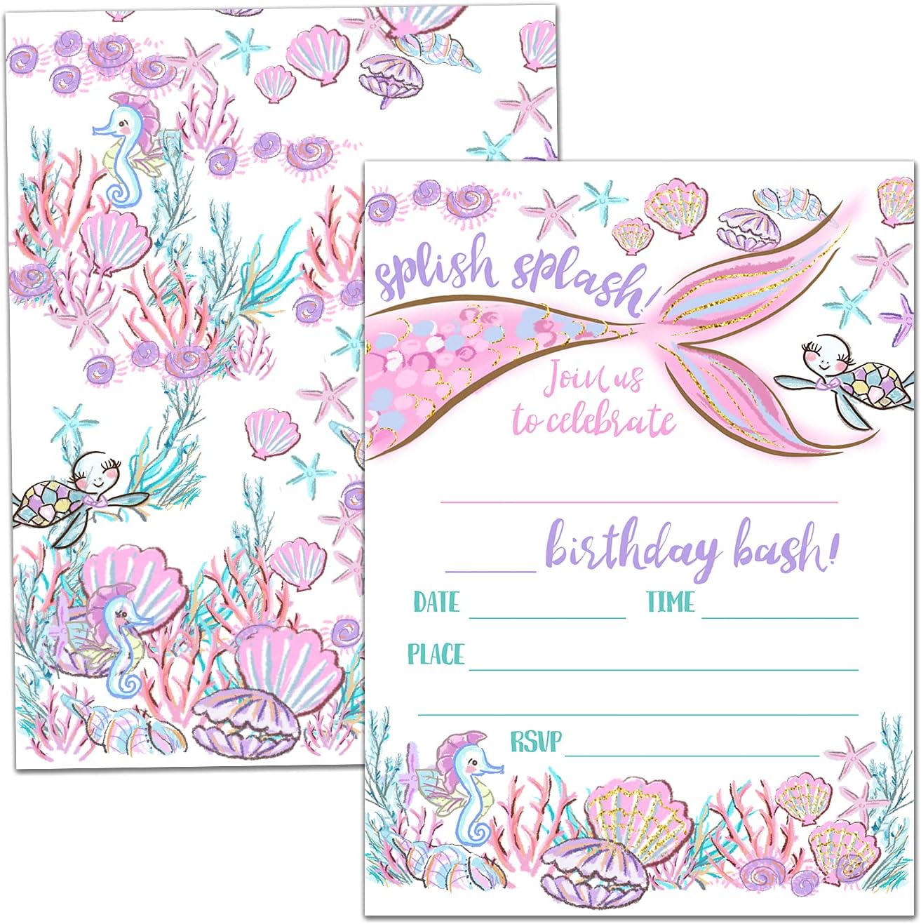 Mermaid Birthday Party Invitation Cards with Envelopes