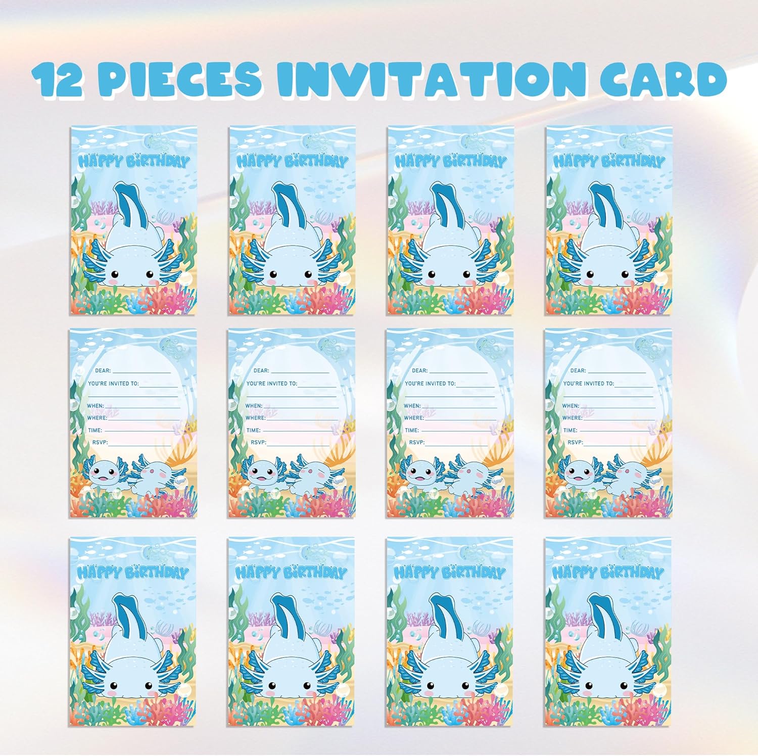 12Pcs Blue Axolotl Invitation Cards Party Decor