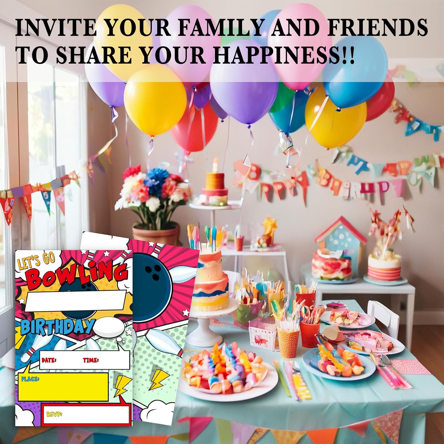 Bowling Birthday Invites with Envelopes 4x6 Inches 20 Sets