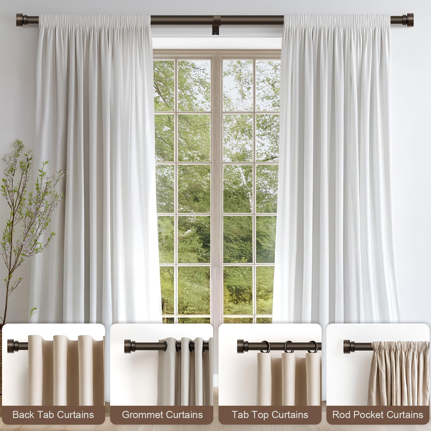 Modern Antique Brown Adjustable Curtain Rods for Windows 66-120 Inches