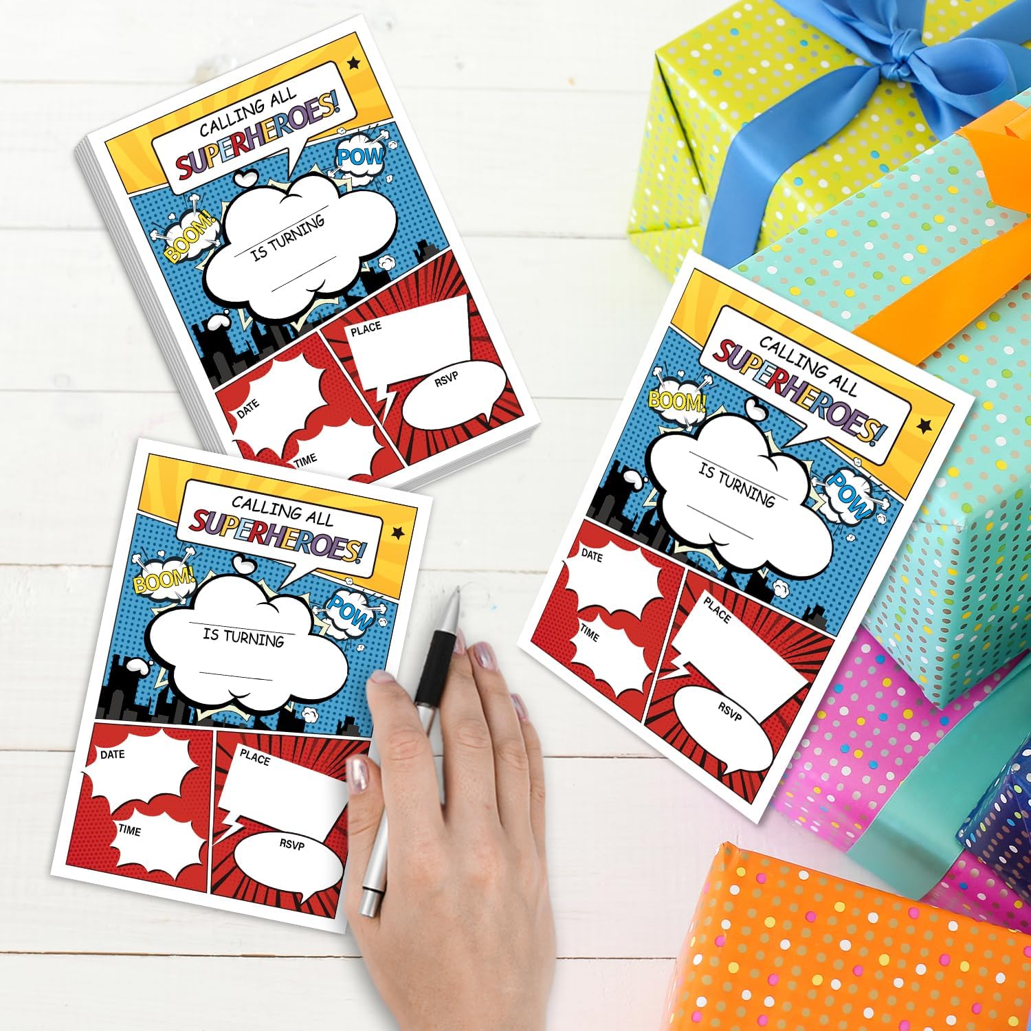 Comic Superhero Birthday Invitations with Envelopes