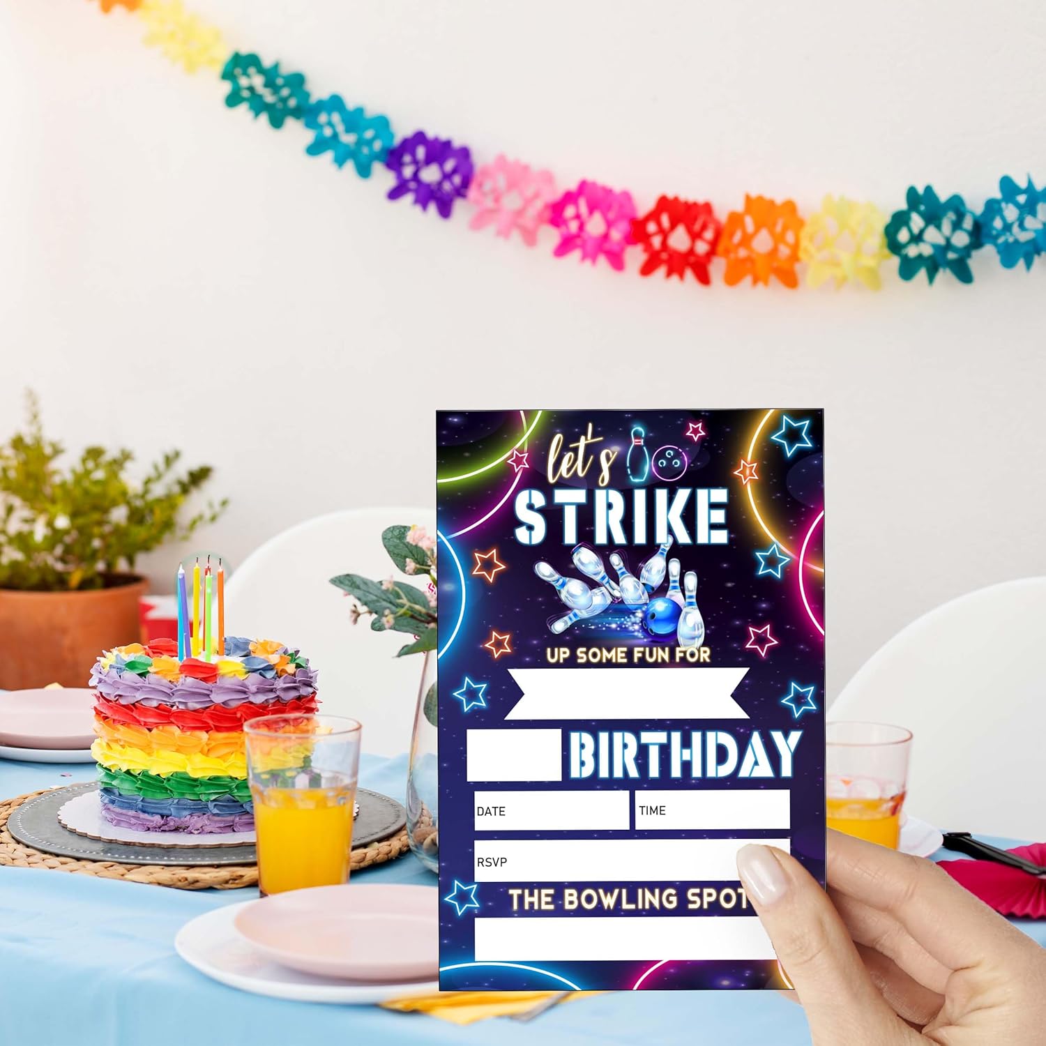 Eronm Neon Bowling Birthday Invitations 20 Pack with Envelopes