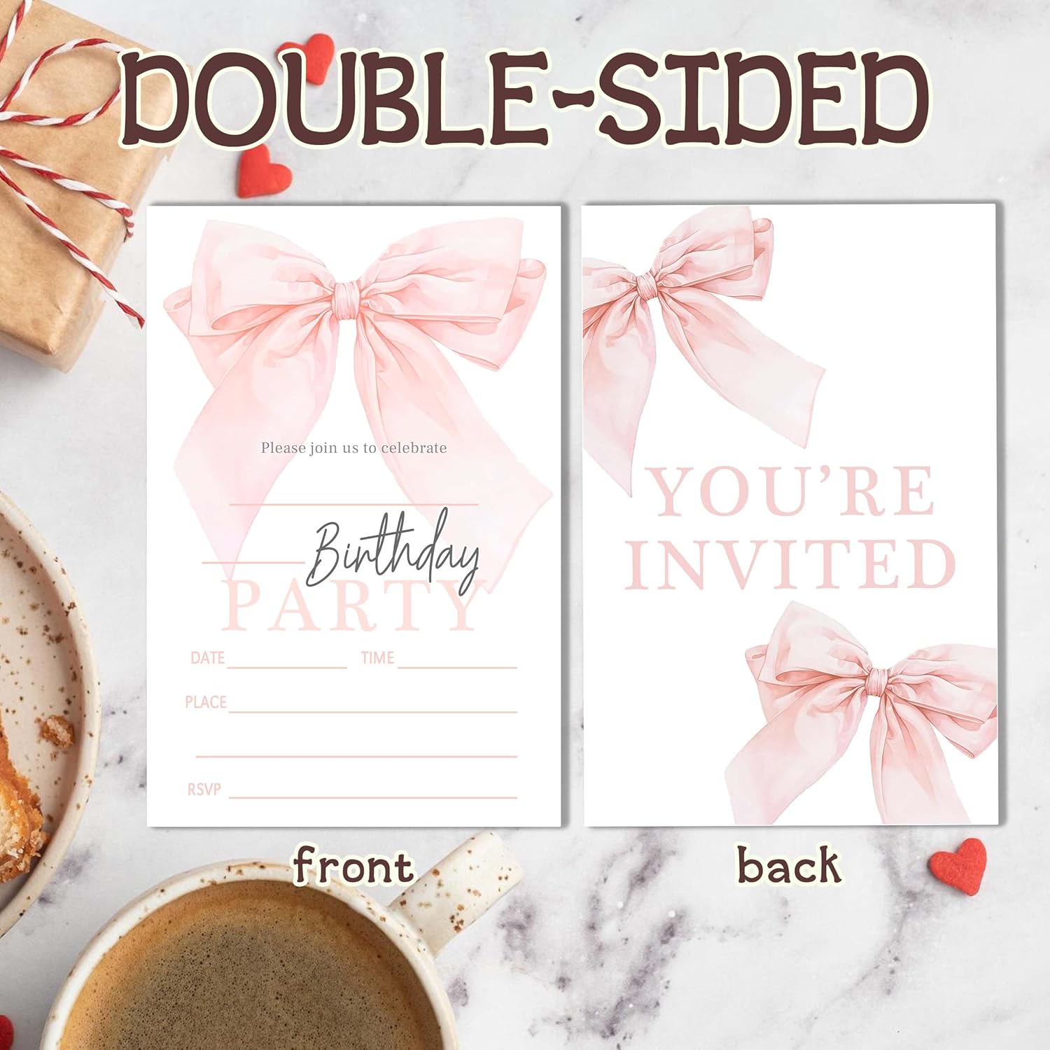 20 Pink Bow Birthday Invitations with Envelopes
