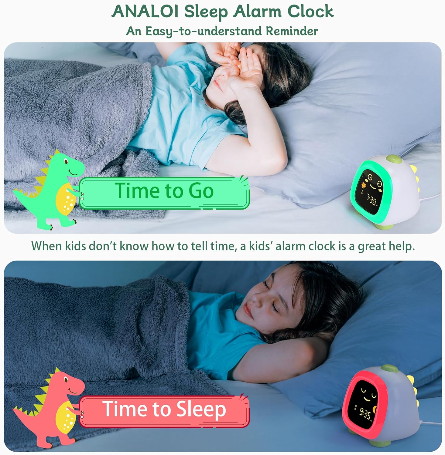 ANALOI Kids Alarm Clock with Night Light and Dinosaur Design