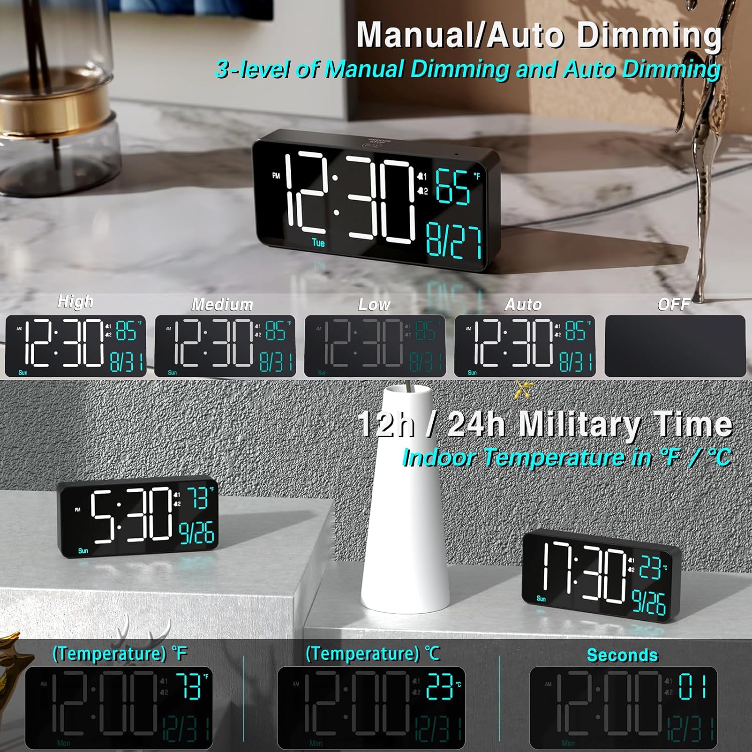 Kosumosu 67 Inch Digital Alarm Clock with Auto Dimming