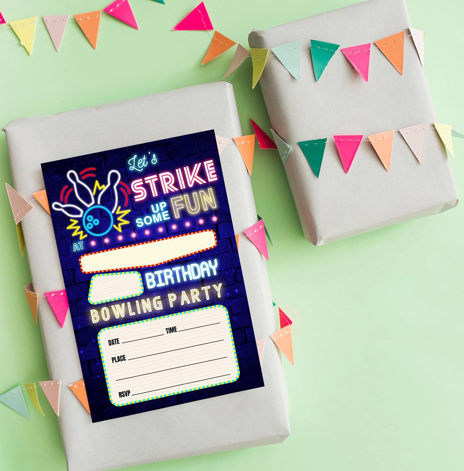Neon Bowling Birthday Invites For Kids With Envelopes - 14 Designs