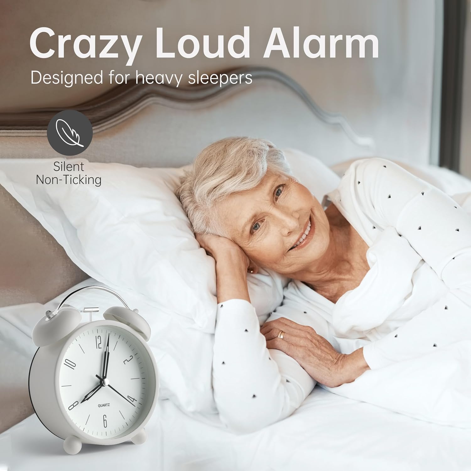 Twin Bell Alarm Clock with Night Light and Super Silent Hand