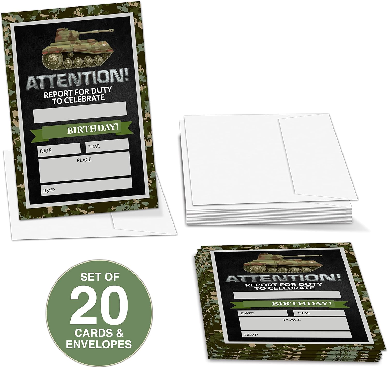 Camo Army Theme Birthday Invitations Set
