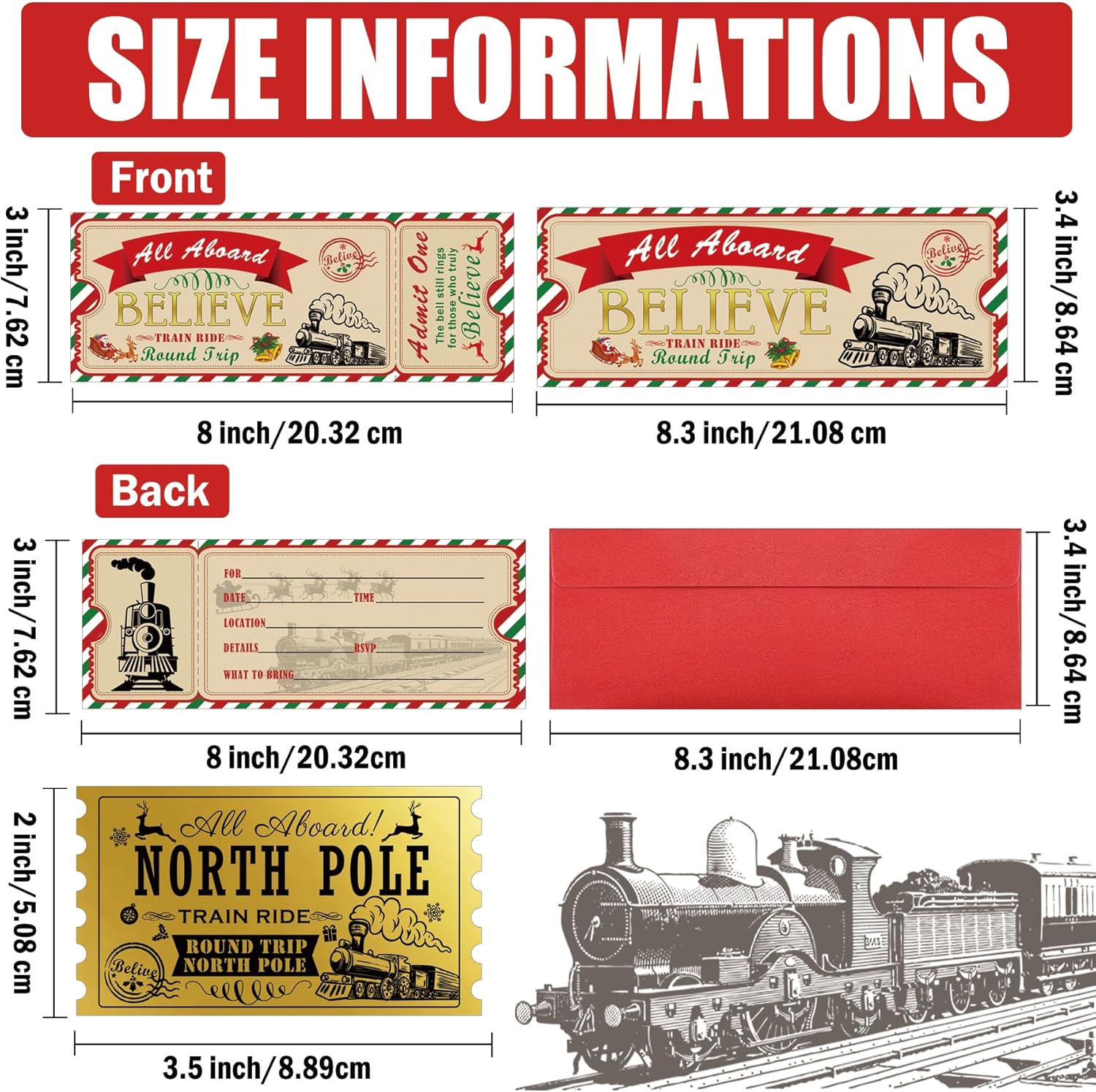 Christmas Believe Train Ticket Invitations with 25 Envelopes