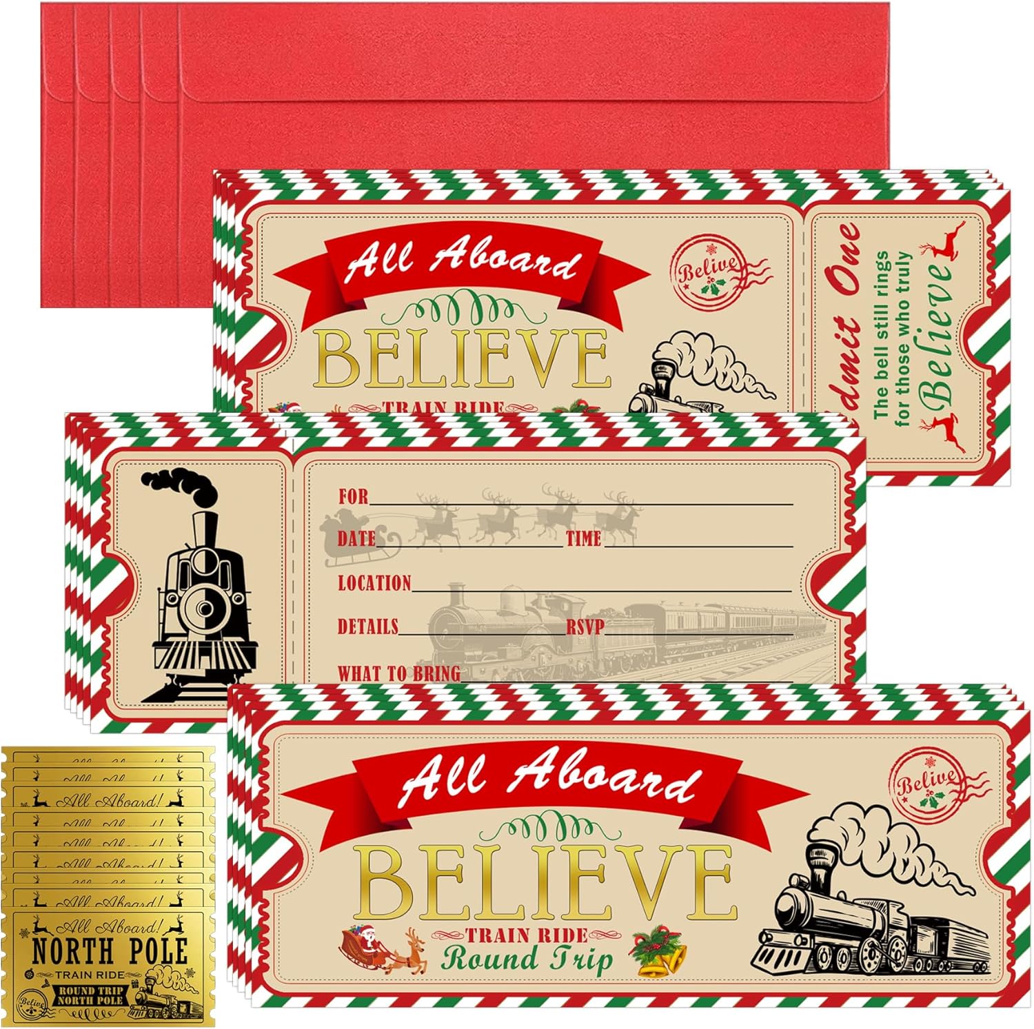 Christmas Believe Train Ticket Invitations with 25 Envelopes