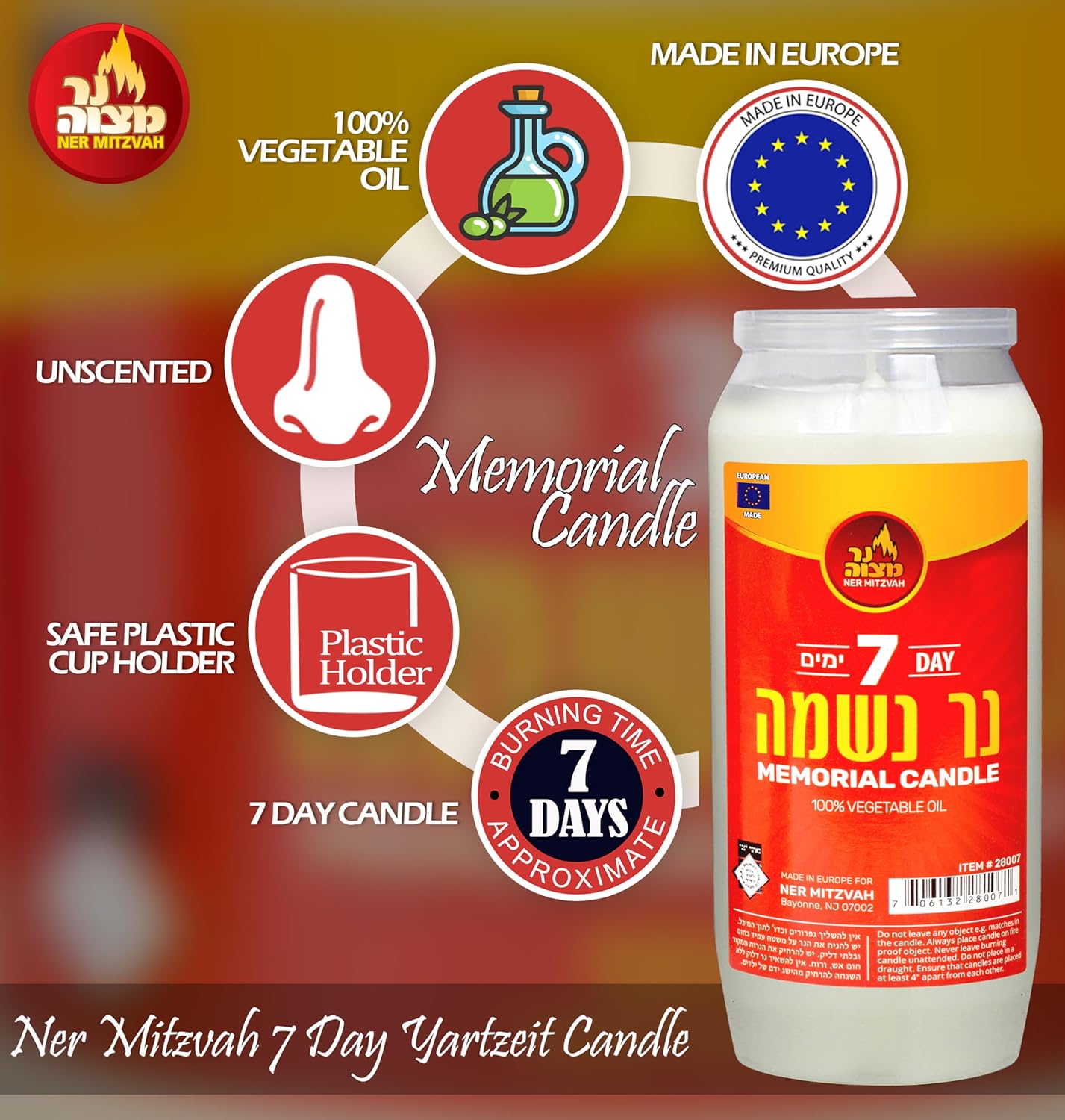 7 Day Yartzeit Candle - 3 Pack Kosher Jar Candles