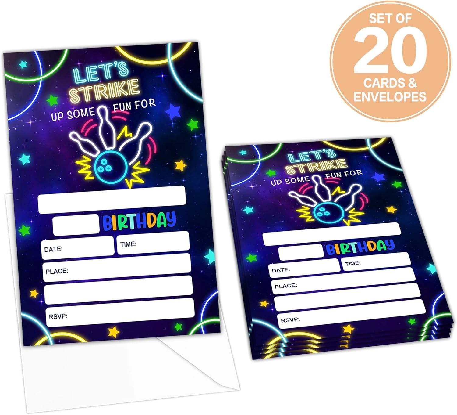 Neon Bowling Party Invitation Cards for Teens