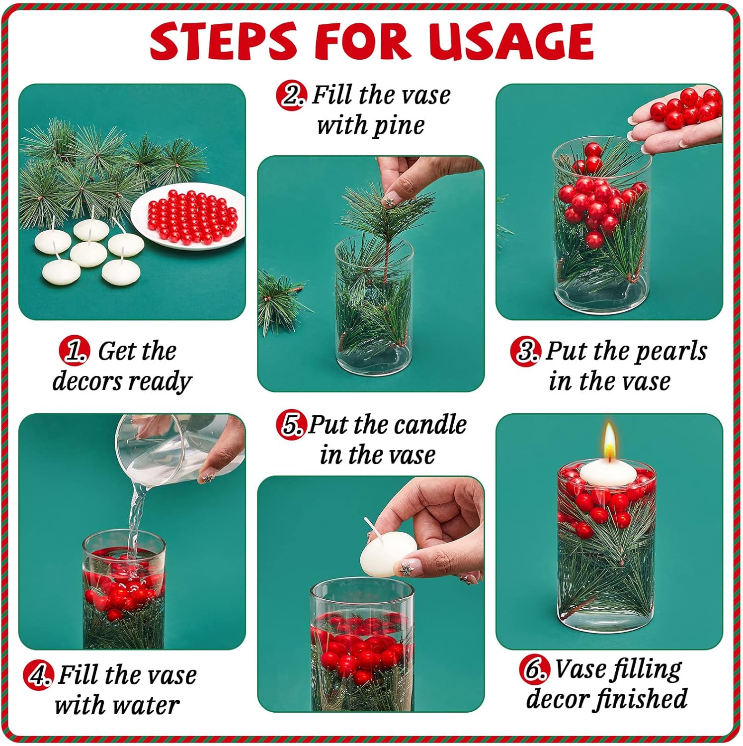 MTLEE 142 Pcs Christmas Vase Fillers with Floating Candles and Pine Needles
