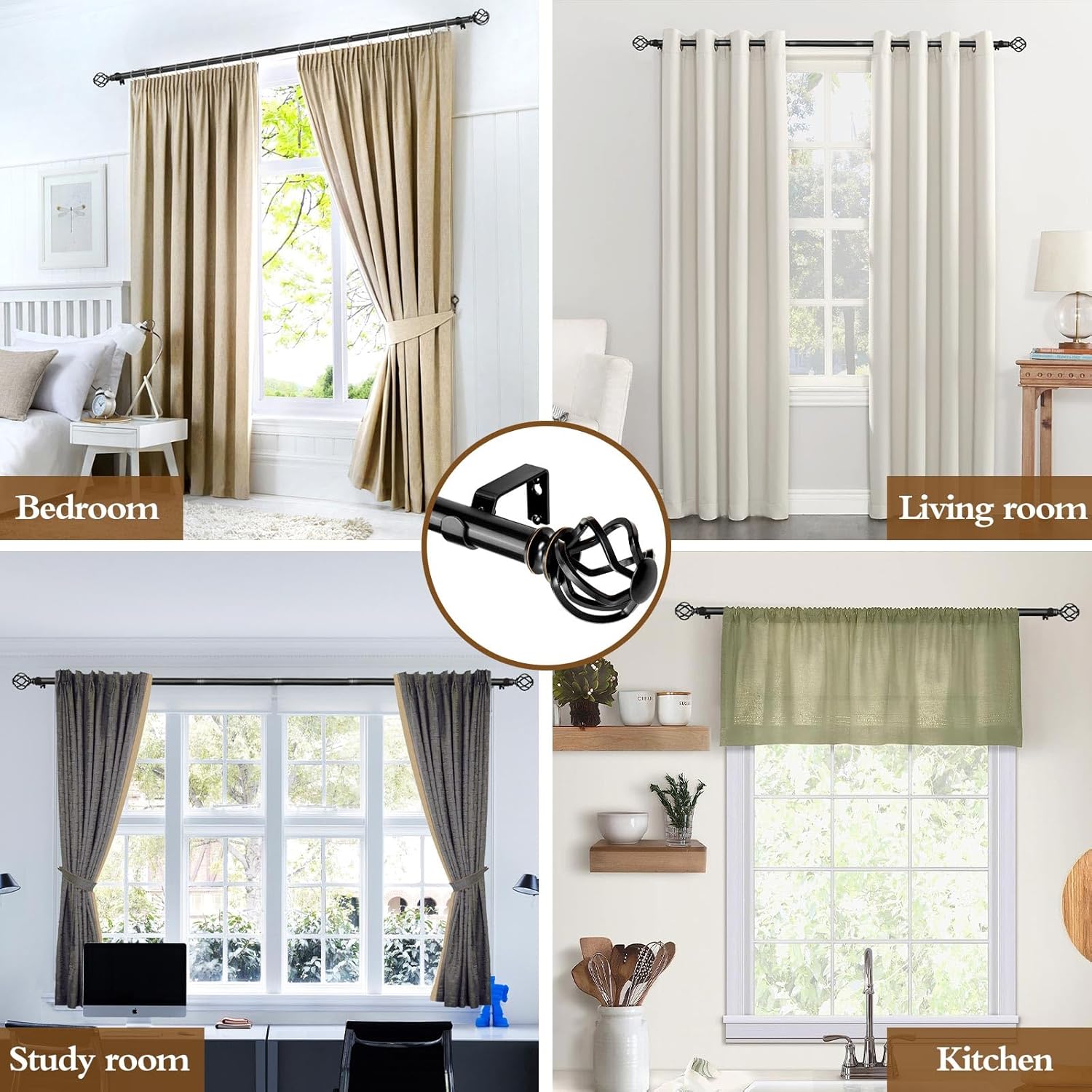KAMANINA Black Twist Curtain Rods 32-144 Inches