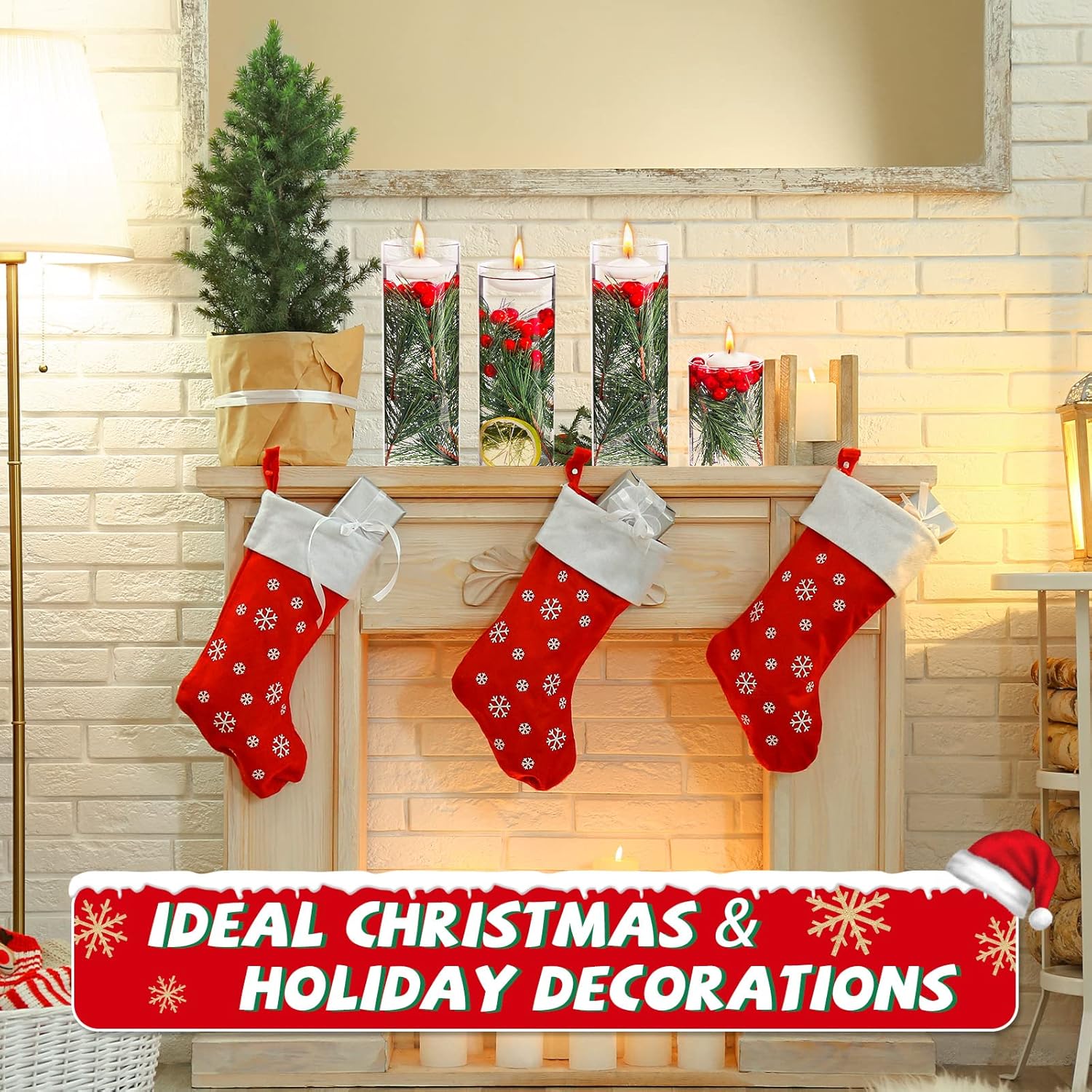 MTLEE 142 Pcs Christmas Vase Fillers with Floating Candles and Pine Needles