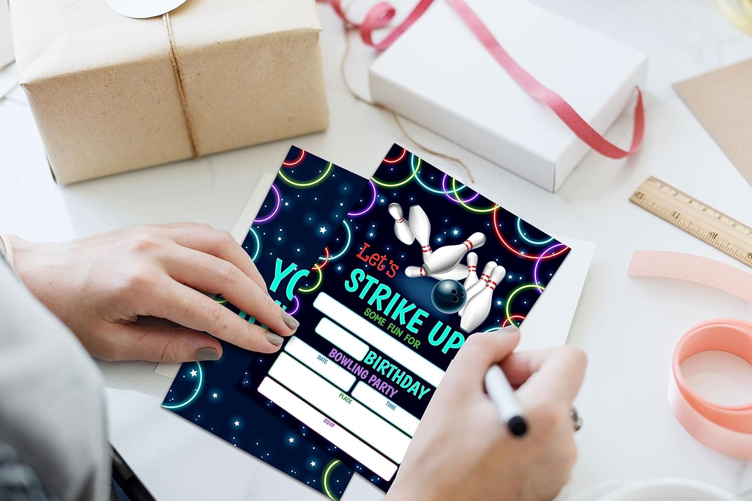 Neon Bowling Birthday Invitations for Boys Girls