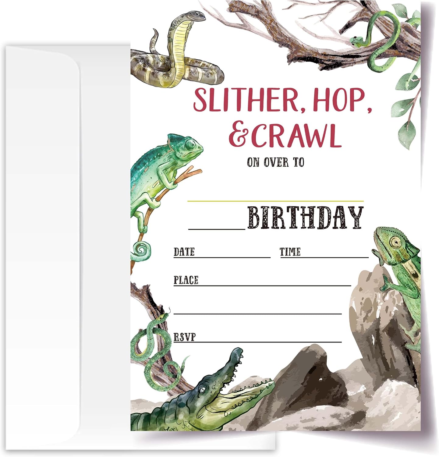 Reptile Birthday Invitations with Envelopes Pack of 20