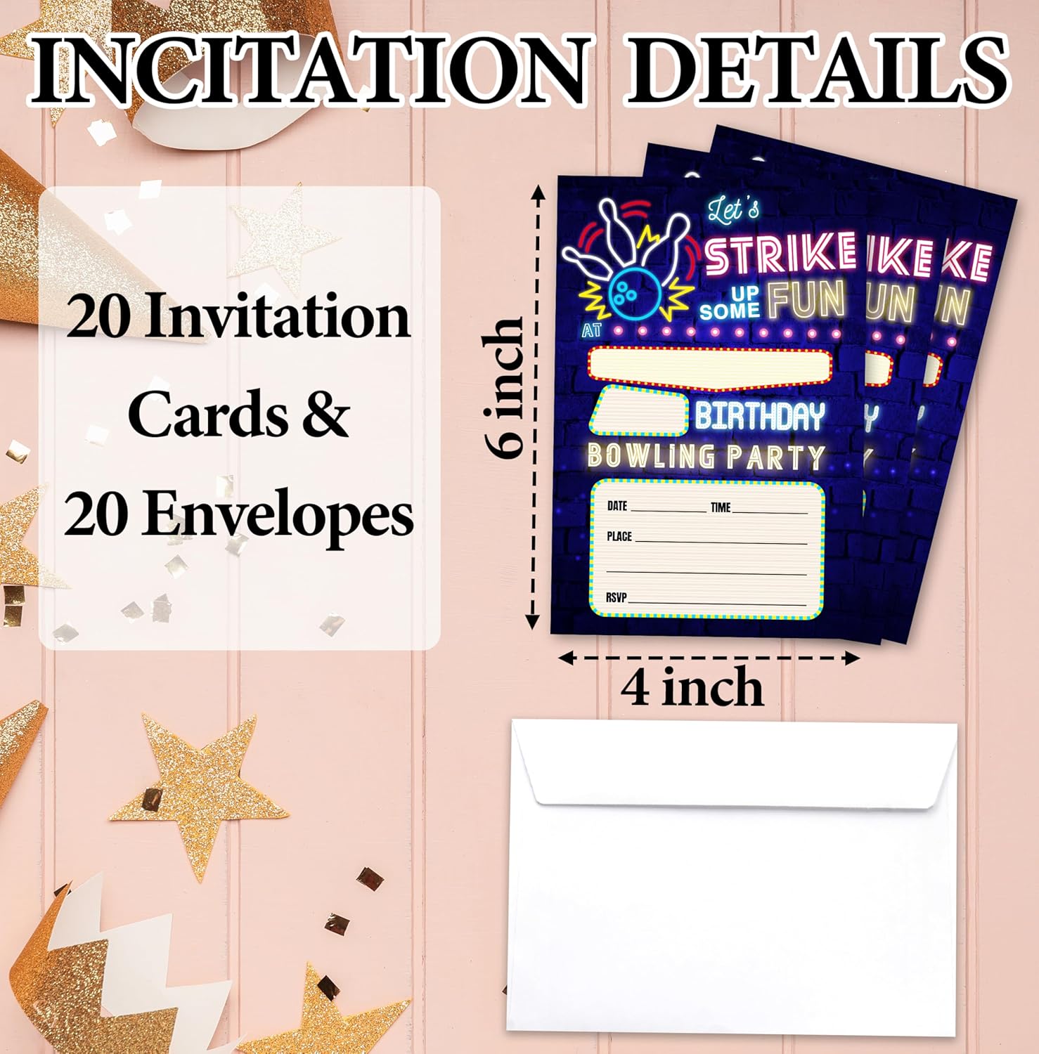 Neon Bowling Birthday Invites For Kids With Envelopes - 14 Designs