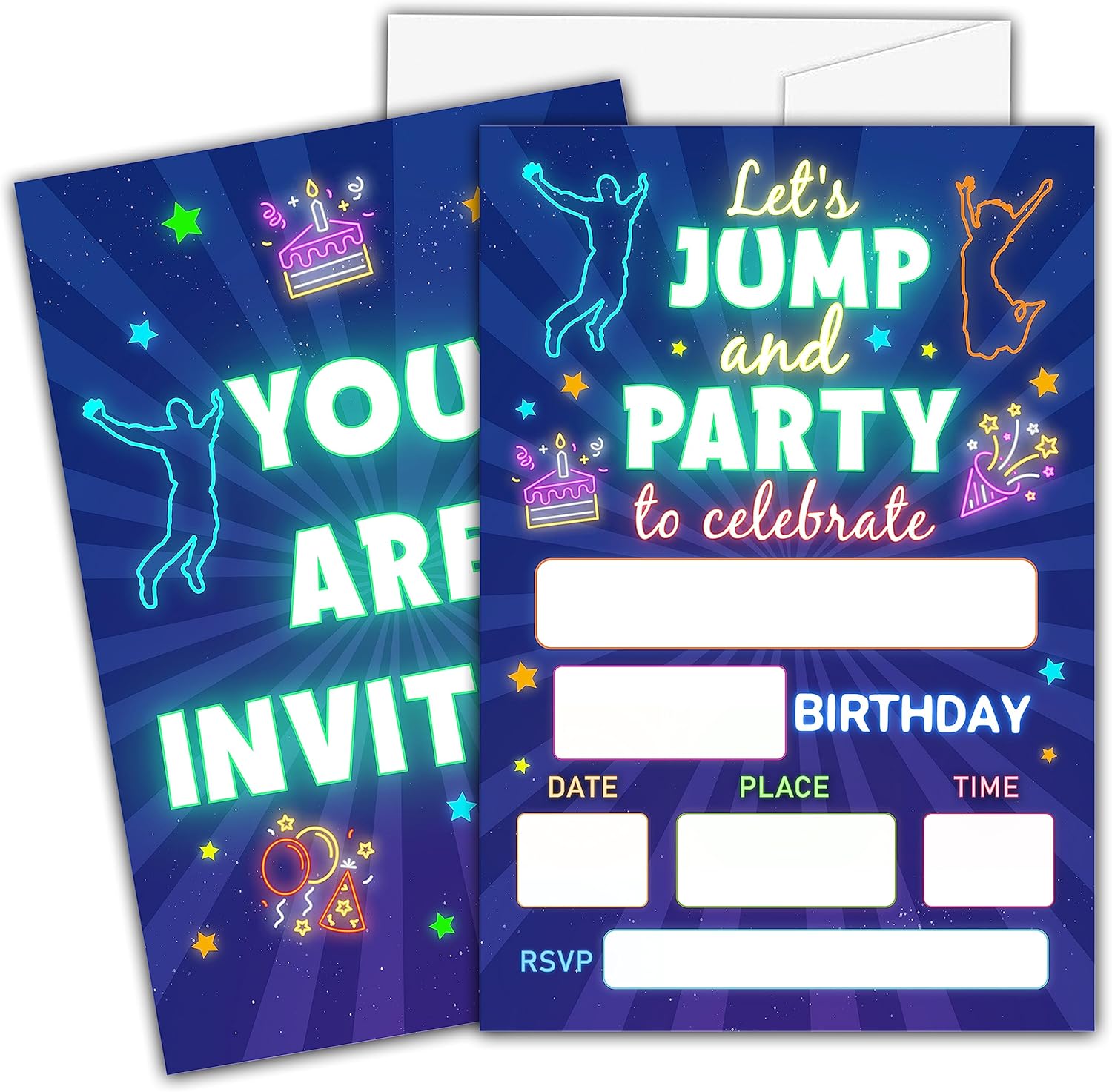 Neon Trampoline Jump Birthday Invitations For Kids