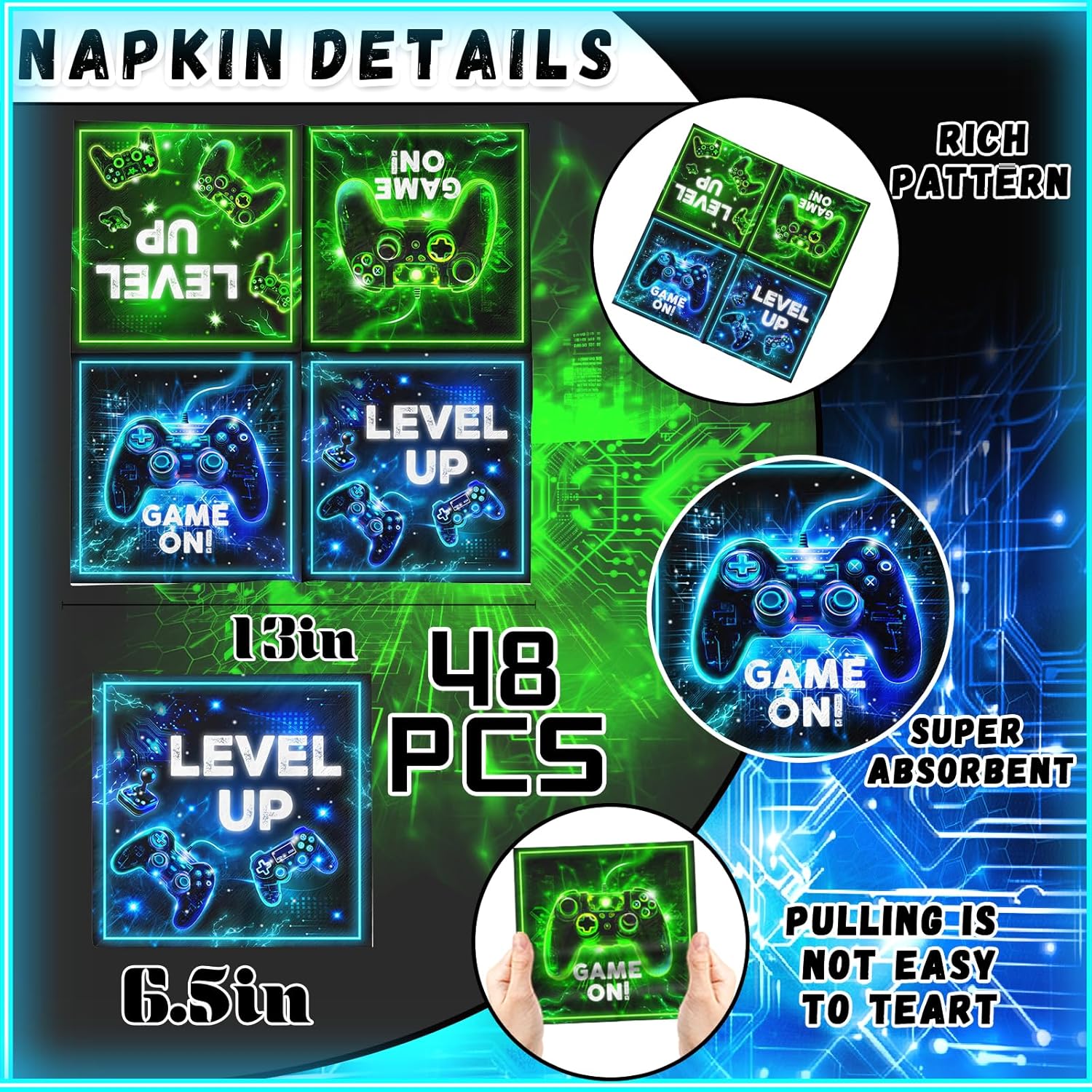 48Pcs Neon Game Party Napkins for Boys Girls