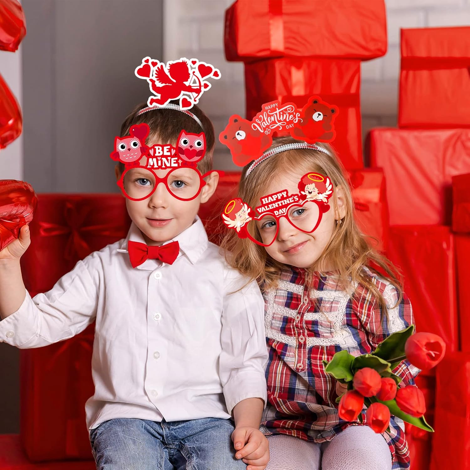 Kingdder 18 Pcs Valentines Day Headband and Glasses Set