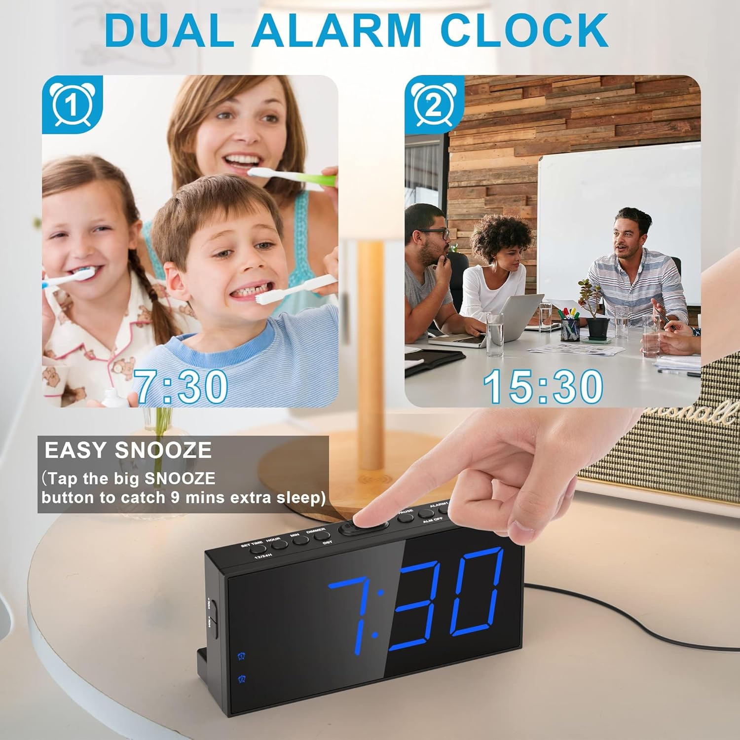 Extra Loud Dual Alarm Clock with Vibration for Deep Sleepers