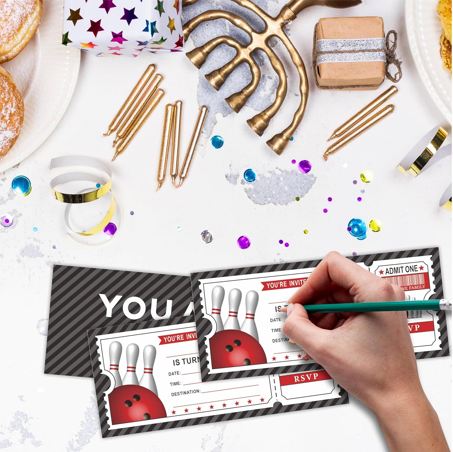 20 Bowling Birthday Invites With Envelopes Double-Sided