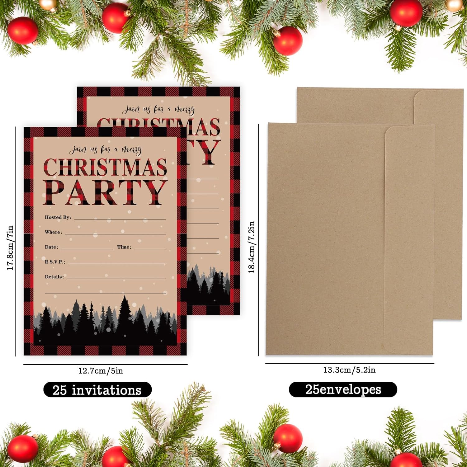Whaline 25 Pack Christmas Invites with Kraft Envelopes