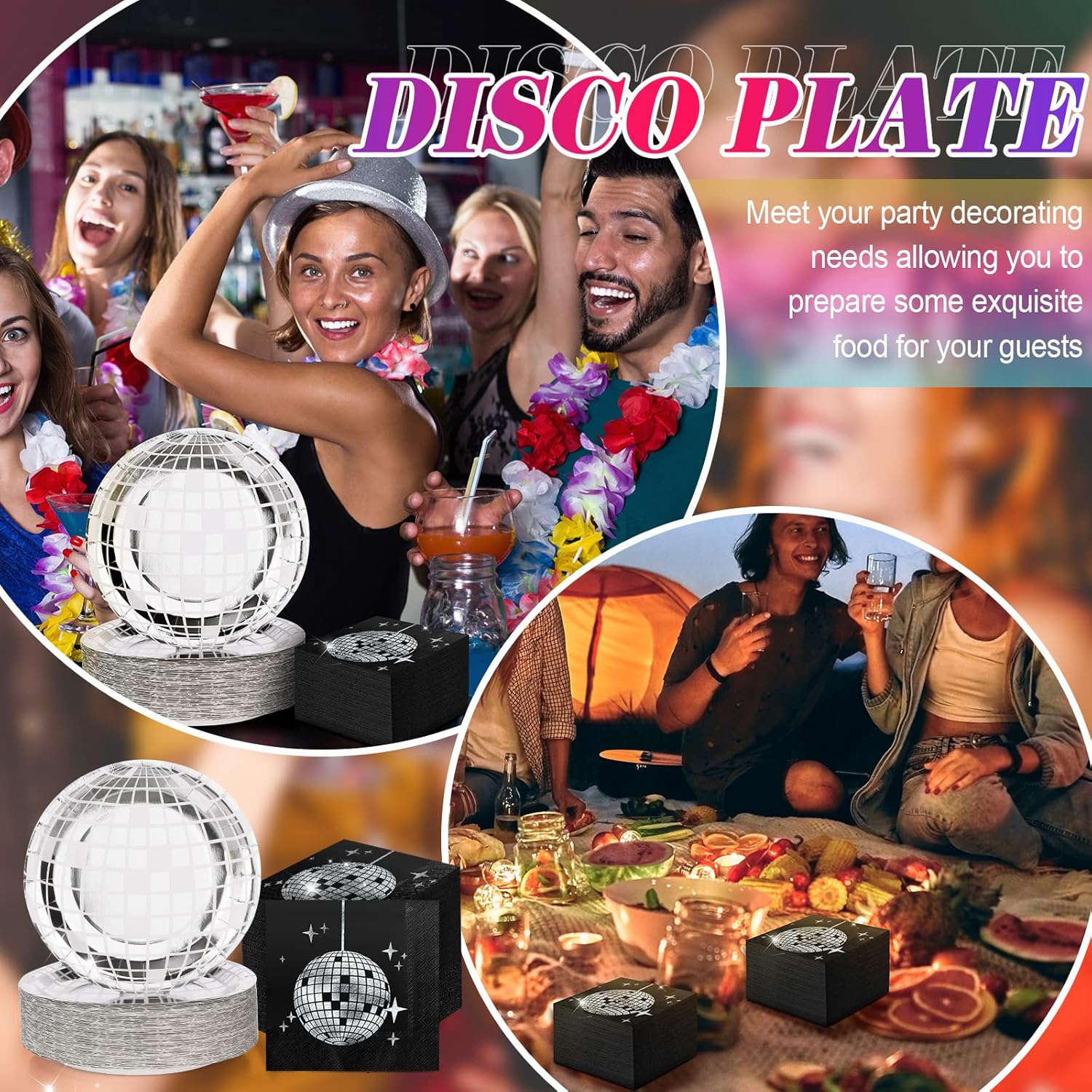 Funtery 200 Pcs Disco Plates and Napkins Party Supplies