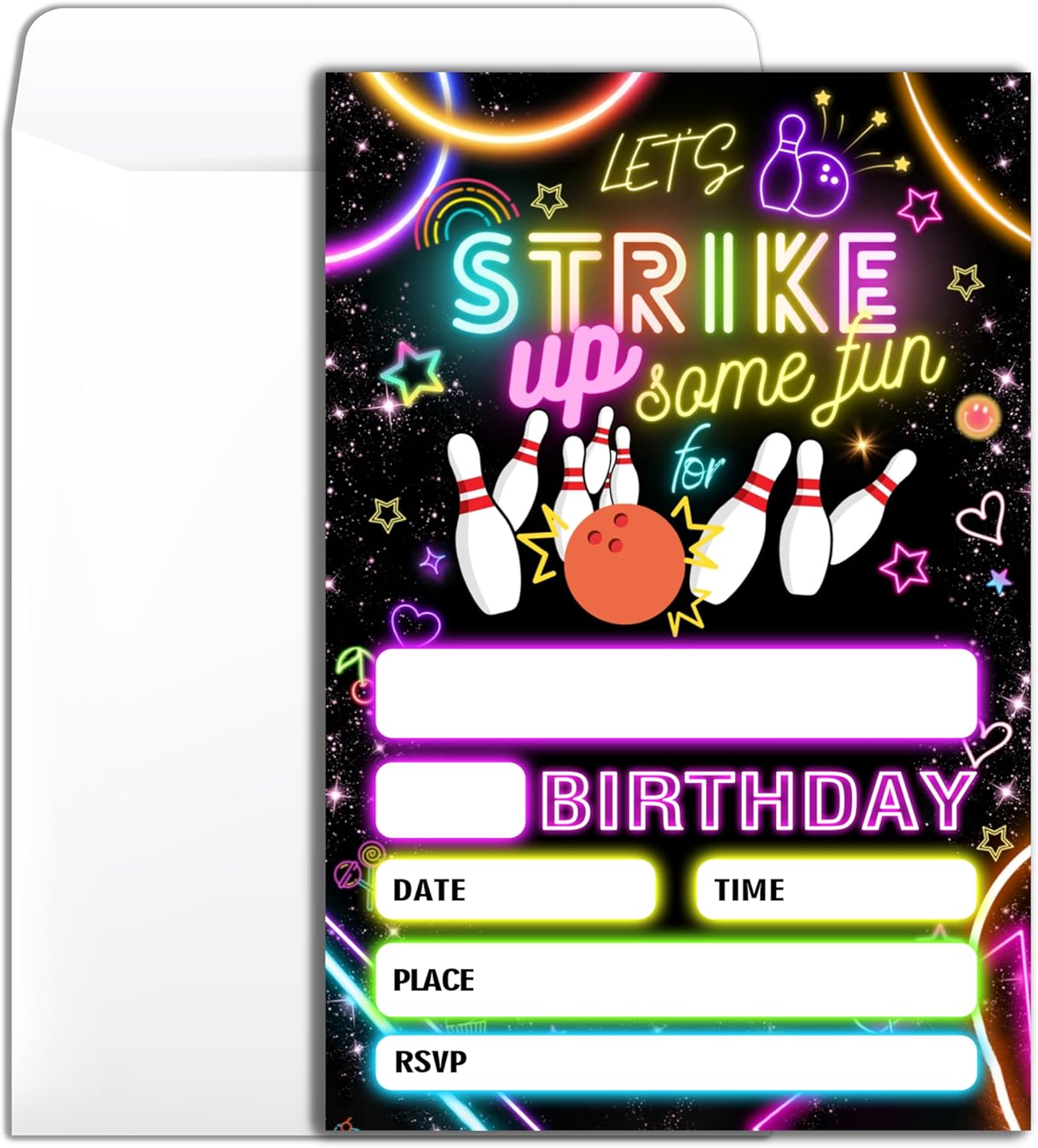 Strike Bowling Neon Birthday Party Invitation with Envelopes 4x6 Inch