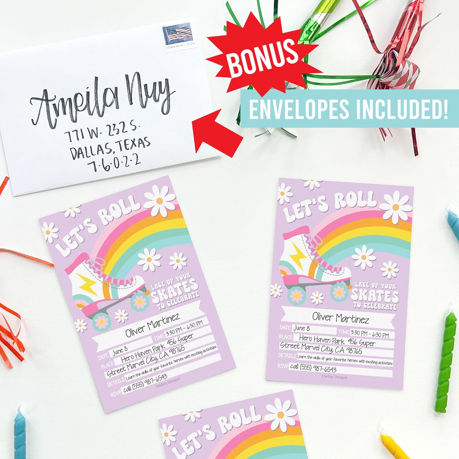 Hadley Designs Birthday Invitations for Girls 15-Pack 4x6 Roller Skate Template