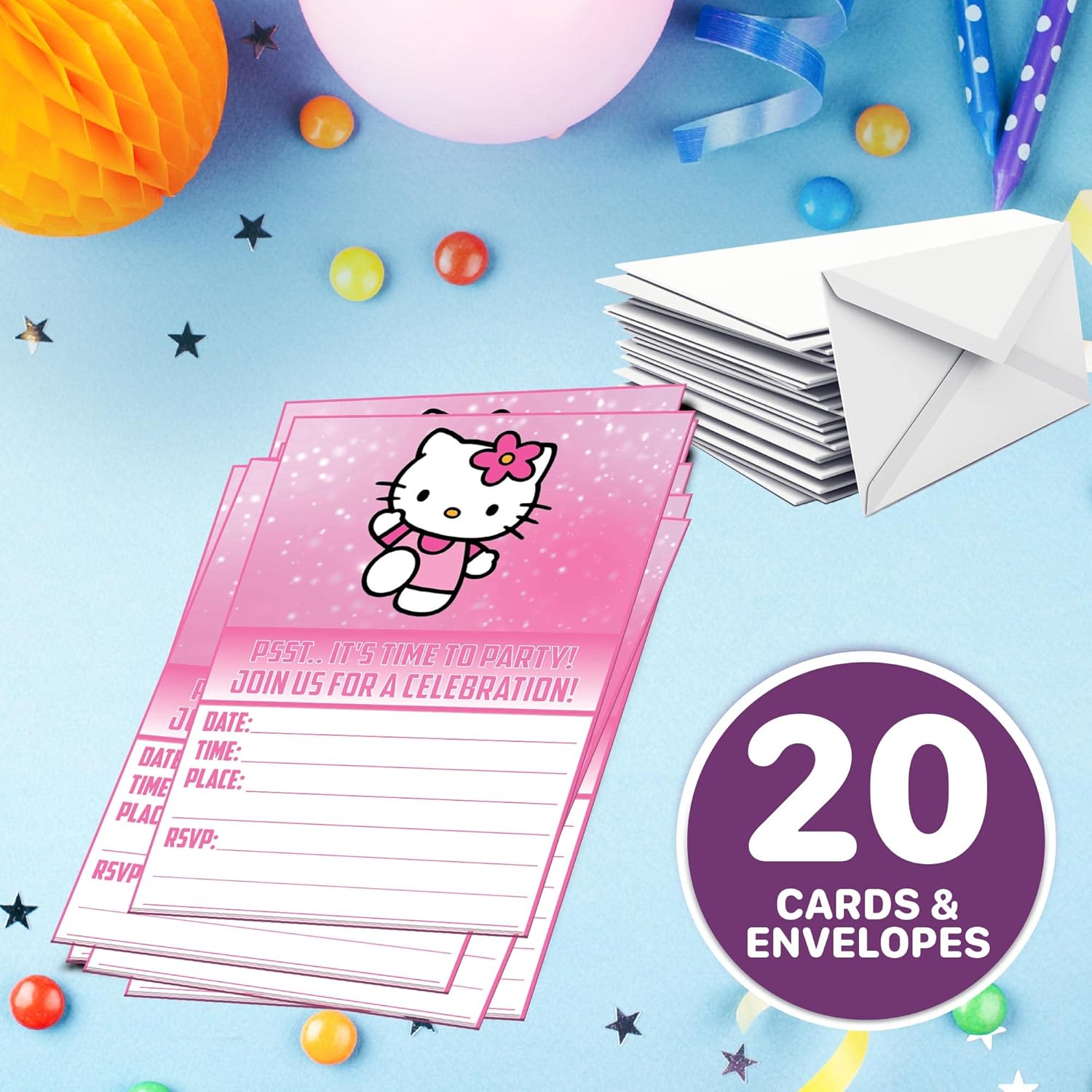 Set of 20 Cute Pink Cat Birthday Invitation Cards
