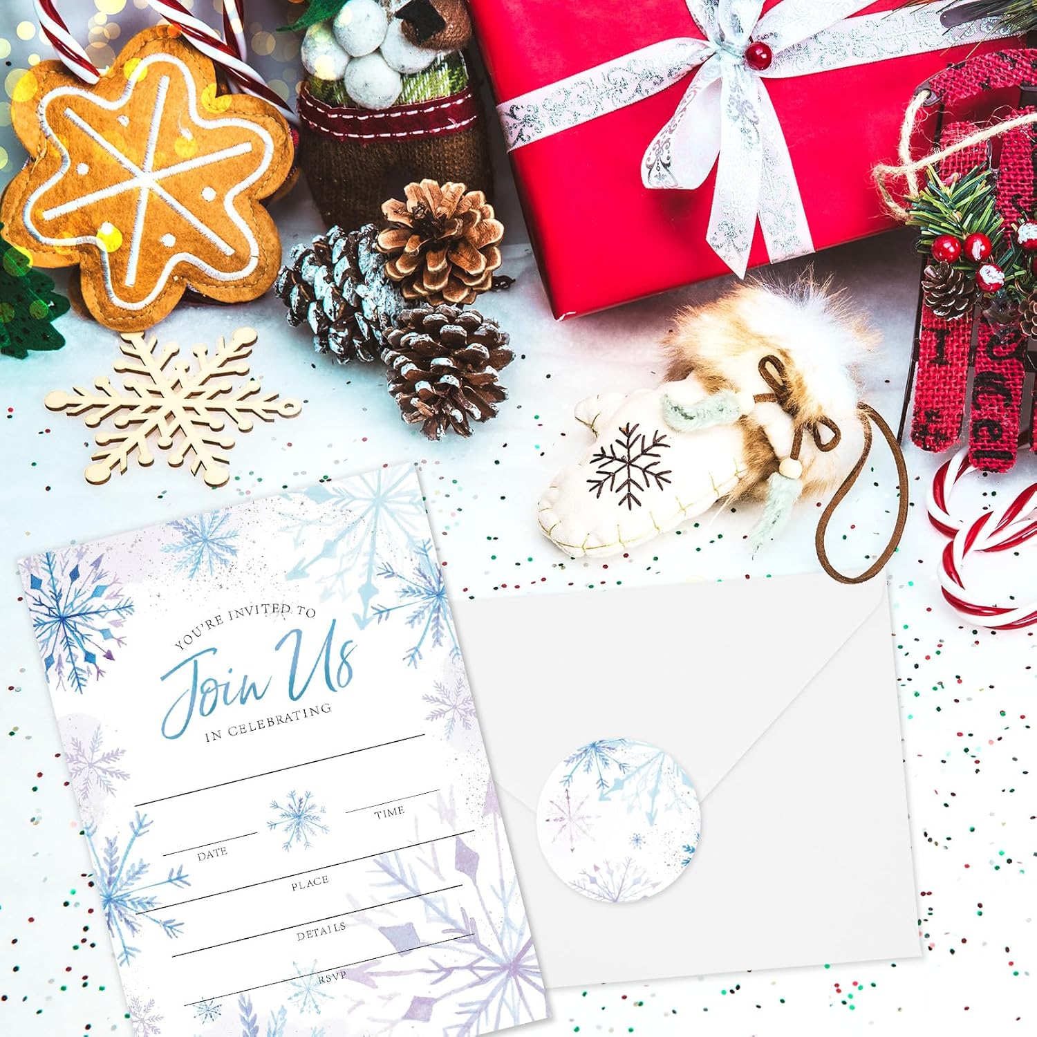 AnyDesign Christmas Invitations 20 Sets Purple Blue Snowflake Cards Envelopes Stickers