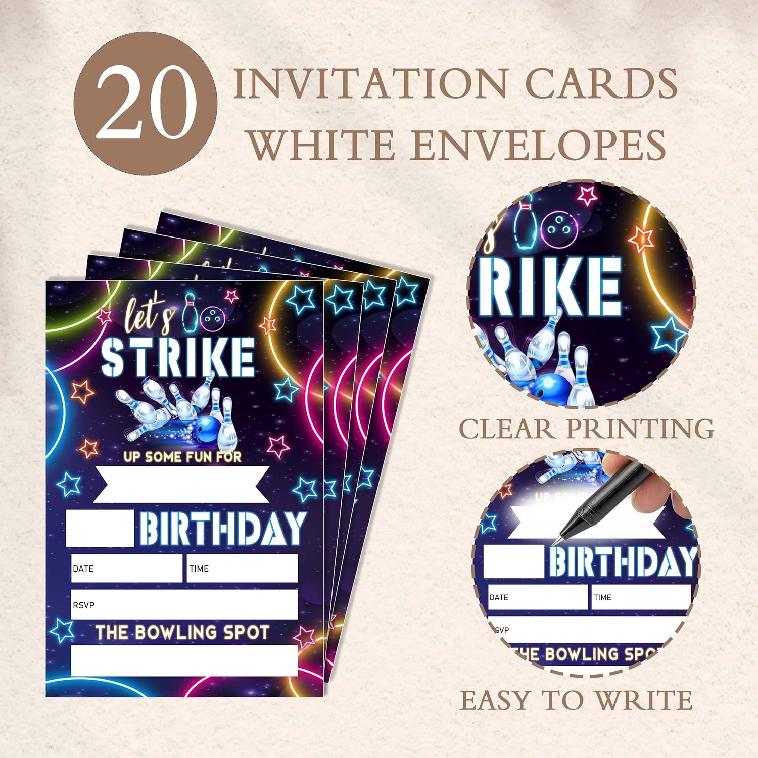 Eronm Neon Bowling Birthday Invitations 20 Pack with Envelopes