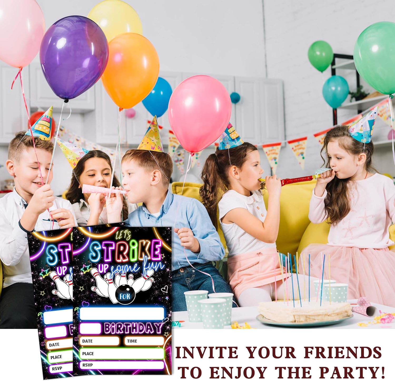 SIXEIGHT Bowling Party Invitations Neon Set 20 with Envelopes