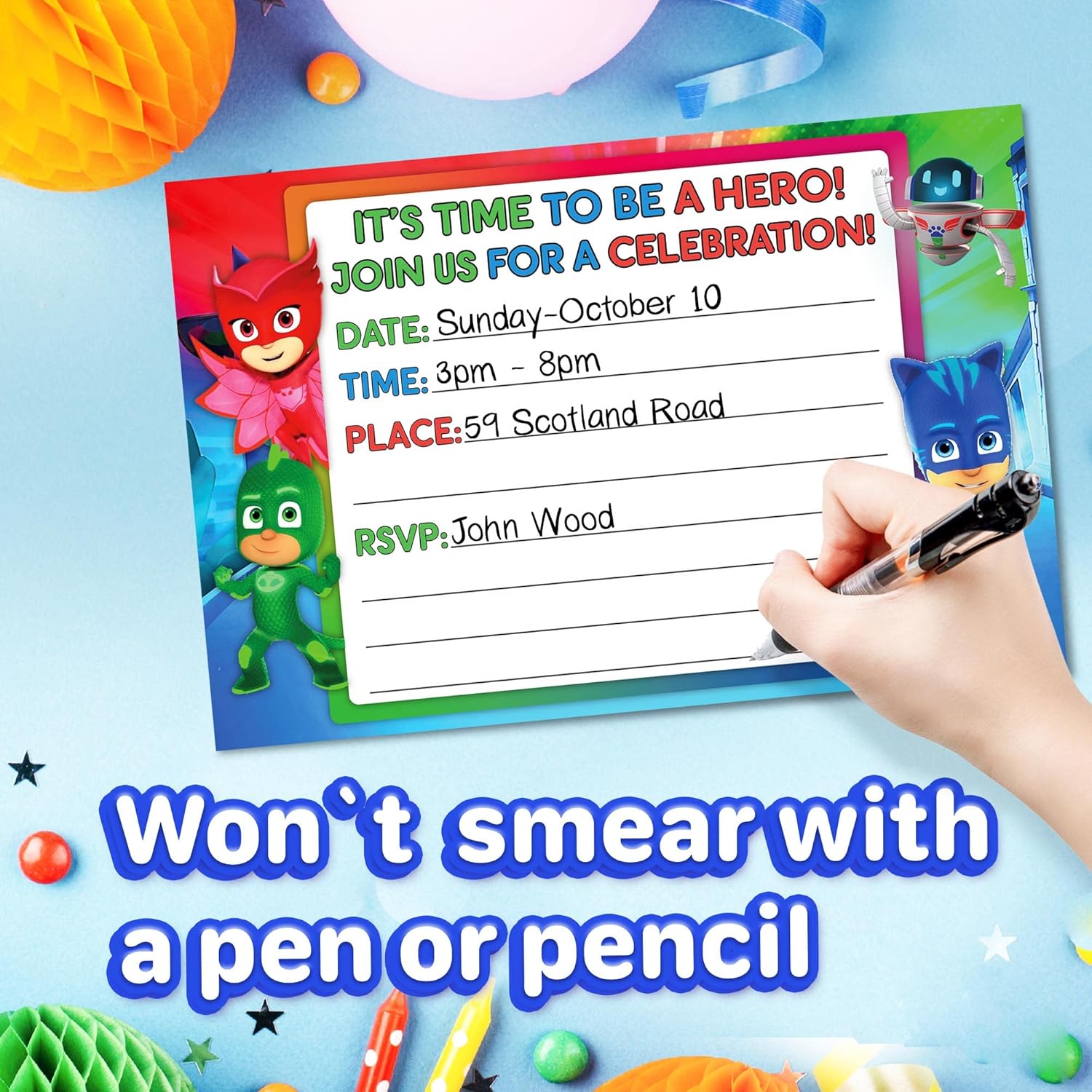Set of 20 Hero Masks Birthday Invites with Envelopes - Lightweight Postcard Style