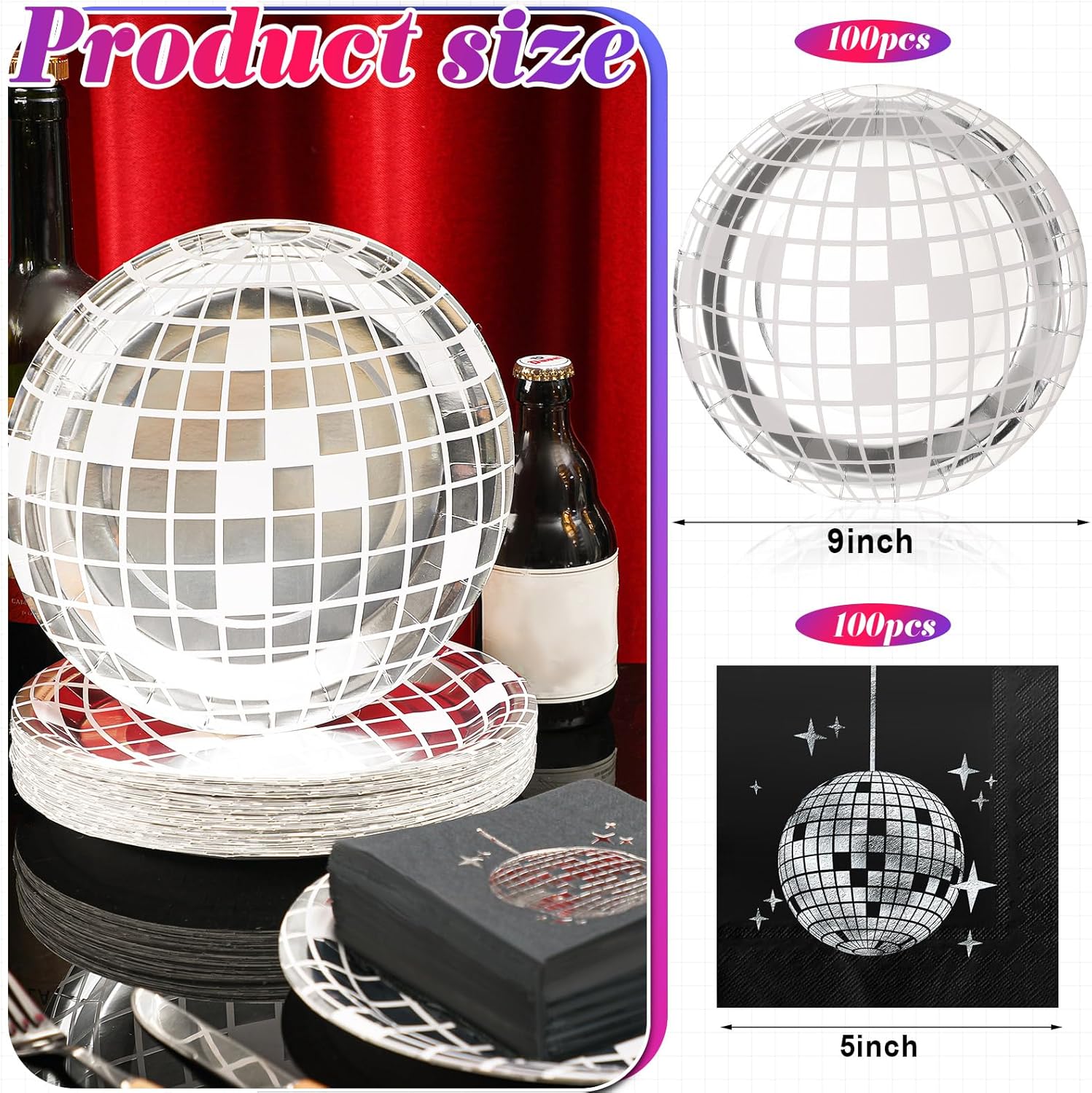 Funtery 200 Pcs Disco Plates and Napkins Party Supplies