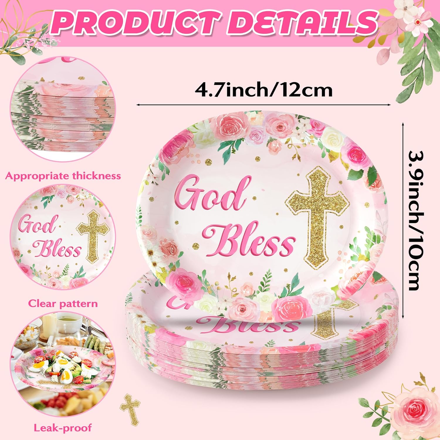 50Pcs Pink God Bless Cross Paper Plates for Baptism Parties