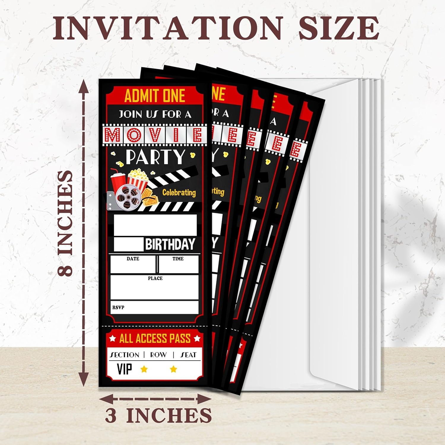Birthday Cards 20 Movie Party Ticket Invites Red Black with Envelopes